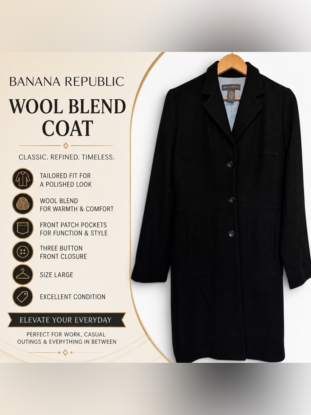 Banana Republic Black Wool-Blend Pea Coat